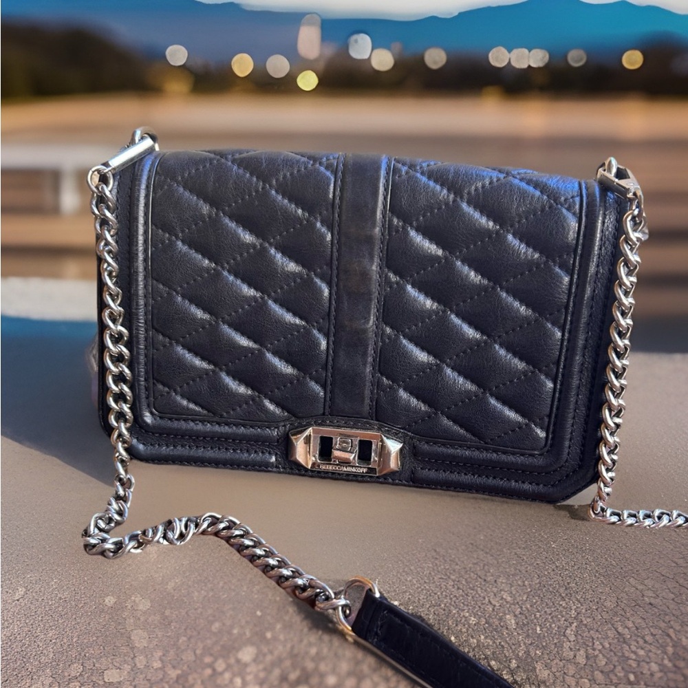 Rebecca Minkoff Black Leather Quilted Turnlock Silver Chain Strap Crossbody Bag